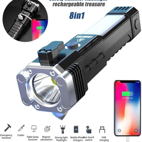 8-in-1 Multi-functional LED Torch, Emergency Window Breaker with Power Bank, High-Power Focus Light for Car and Home.