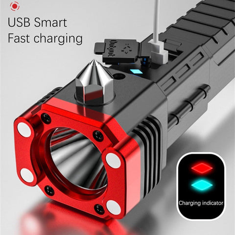 8-in-1 Multi-functional LED Torch, Emergency Window Breaker with Power Bank, High-Power Focus Light for Car and Home.